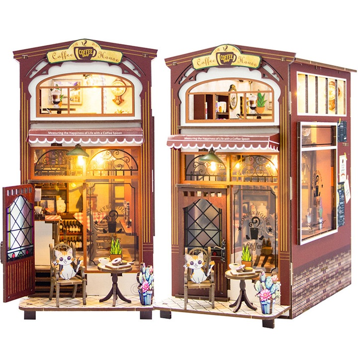 Puzzle 3D, raft de carti 3D, puzzle DIY, mini-cafeneaua, joc de puzzle, Fudisenn, cu lumini LED, mobilier miniatural, model miniatural din lemn, detalii realiste, iluminare eleganta, maro
