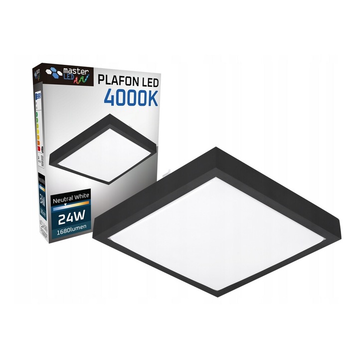 Plafon LED MasterLED 24W, 4000K, fekete, 370x370x90mm