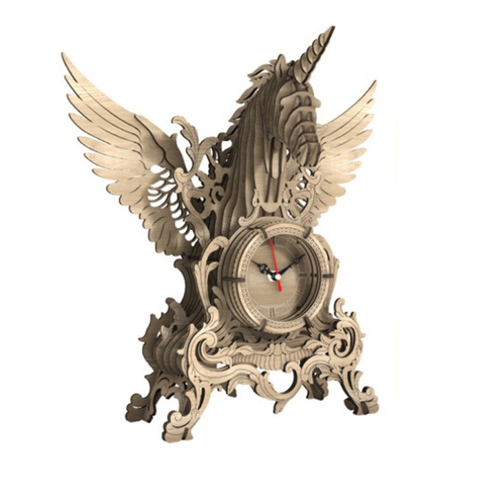 3D fa puzzle, Fudisenn, egyszarvú óra, lézeres vágási technológia, többszínű, 30x30cm