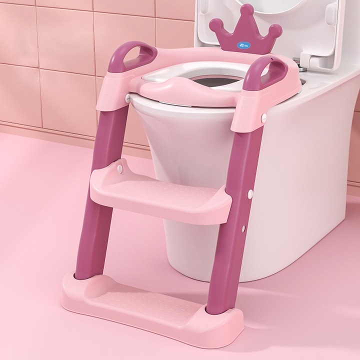 Reductor WC pentru copii Little Mom Royal Pink, pliabil, cu scarita antiderapanta, inaltime ajustabila, colac moale din spuma PU, manerele laterale ergonomice, Baza Antiderapanta, Compatibilitate Universala