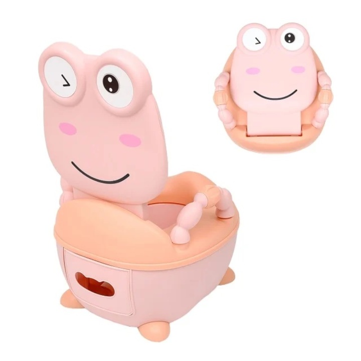 Детско гърне Little Mom Cute Pink Frog, с дръжки за поддържане, мека PU пяна седалка, сгъваем капак и подвижен събирателен съд, размер 36 x 31 x 48.5 cm