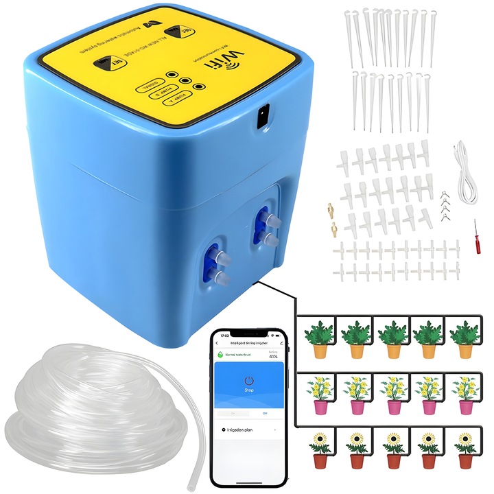 Sistem de Irigare Automat, Kit de Irigat Wifi La Radacina Plantelor, Florilor, Dispozitiv de Udare Automata Smart, Pentru 20 Ghivece, Sistem Inteligent cu Doua Pompe, Control Prin Aplicatie, 2 Moduri de Temporizare, Albastru/Galben