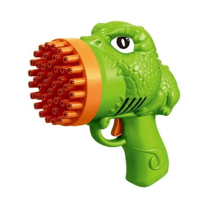 Pistol de facut baloane cu sapun Mixbo, 44 orificii, cu rezervor, solutie, Dinozaur, plastic, verde