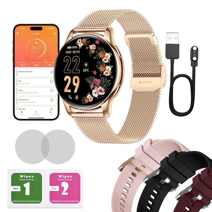 Ceas Smartwatch, AMOLED, ecran HD 1.32", inteligent, fitness, sport, rezistent la apa, functie inteligenta de numarare a pasilor, unisex, notificari, fara fir, apel Bluetooth 5.3, microfon HD, monitorizare somn, Limba Romana,3 bratari incluse, Auriu