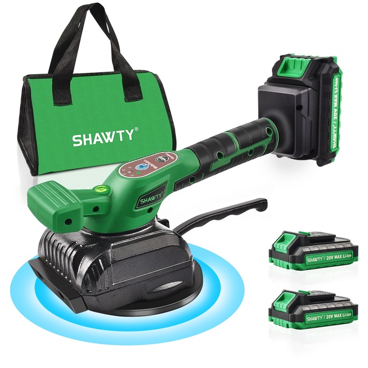 Вибрираща машина за подравняване на плочки, Shawty®, S0044, 130 mm вендуза, 6 скорости, 2 батерии, 2000 mAh, за 30-120 cm плочки, черно/зелено