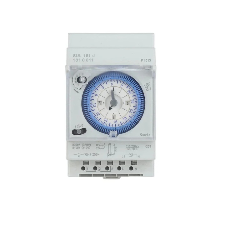 Temporizator mecanic analog E-ETOP, ESUL181D, 220V, intervale de 15 min 24h, sina DIN, alb