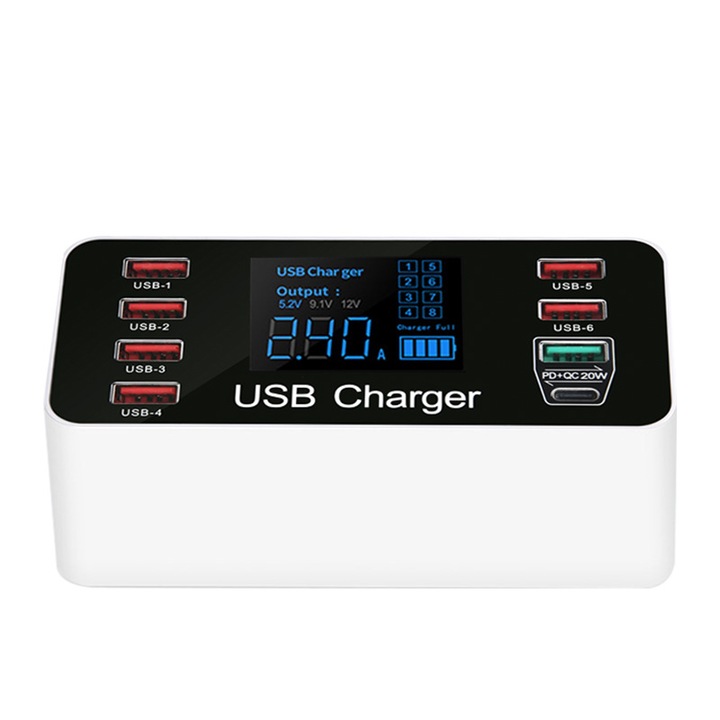 Incarcator inteligent, prima alegere pentru telefoane mobile si tablete, nou afisaj LCD multiport, incarcator rapid USB QC3.0/PD cu 8 porturi, putere mare de 40W, utilizare multifunctionala, mod de incarcare rapida, rapid si convenabil