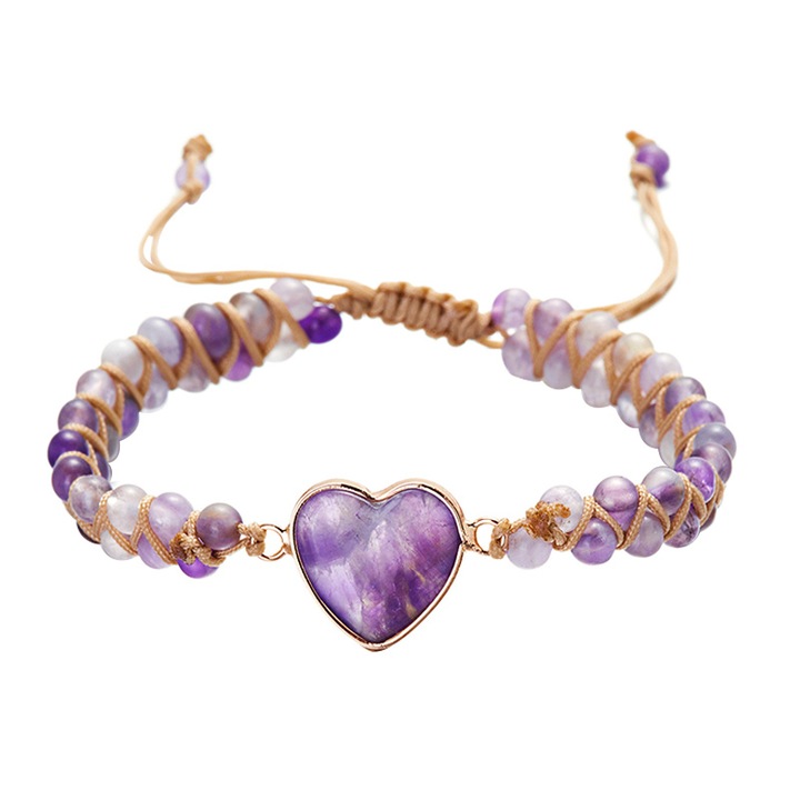 Bratara din piatra naturala cu inima de piersica, margele variate, mov, set ajustabil 16cm - 26cm