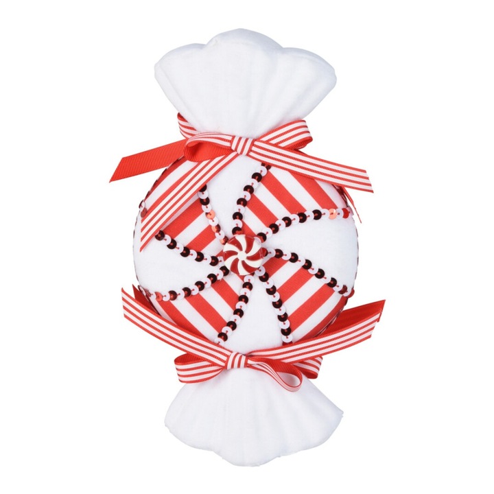 Decoratiune brad sub forma de bomboana, alba cu rosu, lungime 26 cm