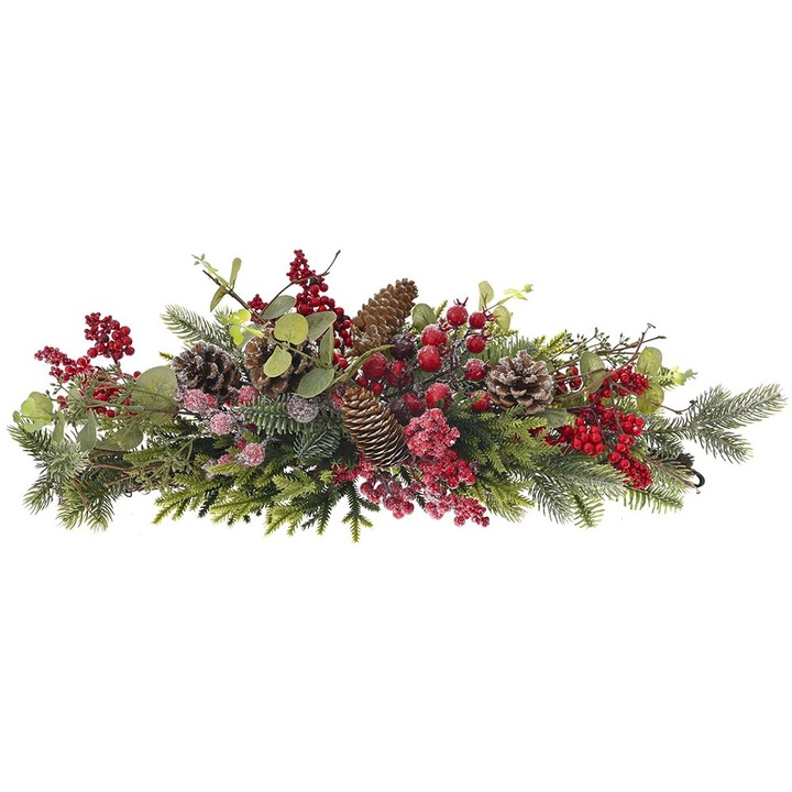 Decoratiune Craciun de atarnat din crengute, conuri si fructe de padure rosii, lungime 60 cm