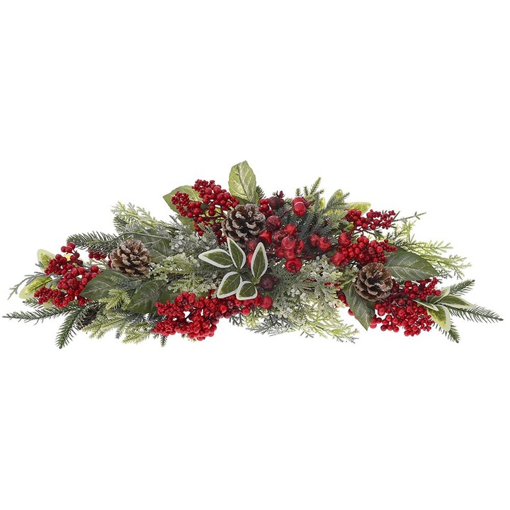 Decoratiune Craciun de atarnat din crengute, frunze, conuri si fructe de padure rosii, lungime 60 cm