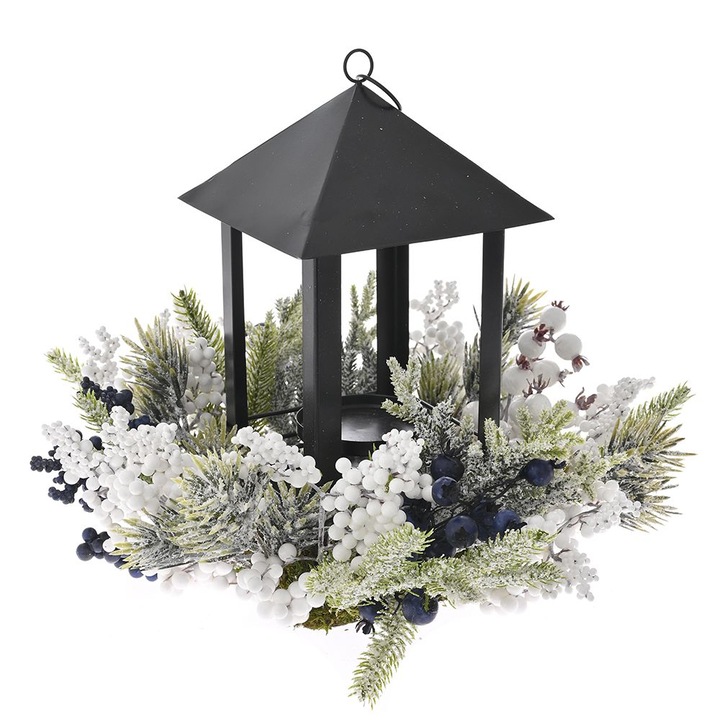 Decoratiune Craciun din crengute si bobite albe si albastre, cu suport lumanare, inaltime 33 cm