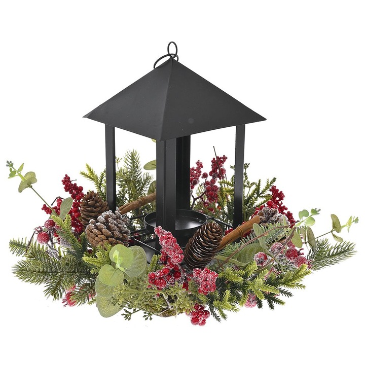 Decoratiune Craciun din crengute, conuri si scortisoara, cu suport lumanare, inaltime 33 cm