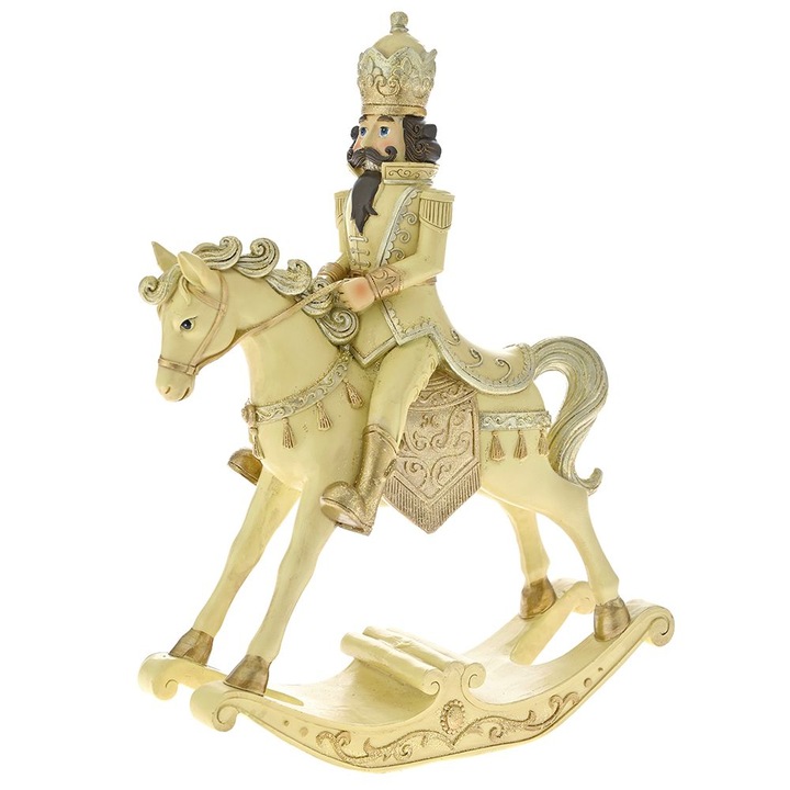 Decoratiune Craciun rege pe calut balansoar, culoare crem cu auriu, inaltime 30 cm