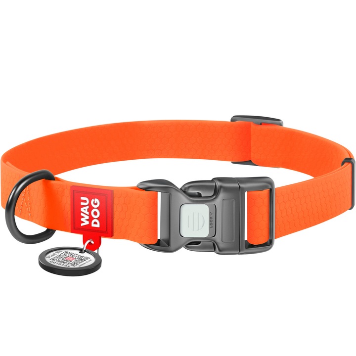 Zgarda pentru caini, WAUDOG, impermeabila, cu pasaport QR, portocaliu, M, 28-40 cm, 20 mm