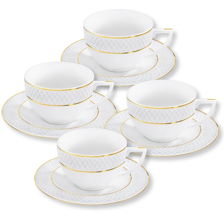 Set cesti cafea lux, Portelan, Alb, 240 ml, 4x Ceasca + 4x Farfurie elegante, margine auriu, pentru cafea, ceai, cappuccino, Wilmax England