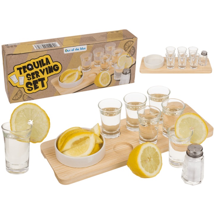 Set servire tequila 9 piese - 6 pahare, 1 recipient sare, 1 bol, 1 tava lemn
