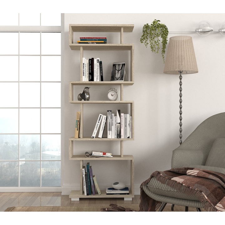 Библиотека Modern Loft, UnicUtil, 60 x 19.5 x 162.9 см, Меламиново ПДЧ, Асиметричен и Минималистичен Дизайн, 6 Рафта за Съхранение на Книги и Декоративни Предмети, Издръжлива и Лесна за Сглобяване, Идеална за Всекидневна или Офис, Кремав Цвят