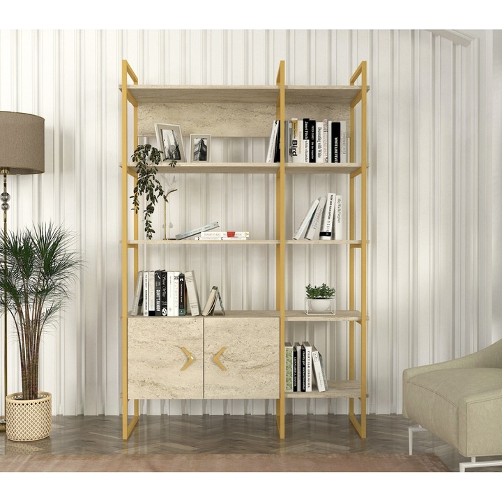 Biblioteca, UnicUtil®, Biblioteca Living Golden Edge, 120 x 39 x 180 cm, Mobila Living din PAL Melaminat Durabil, Rafturi Biblioteca cu Design Elegant si Functional, Organizare si Depozitare Carti, Documente si Obiecte Decorative, Crem