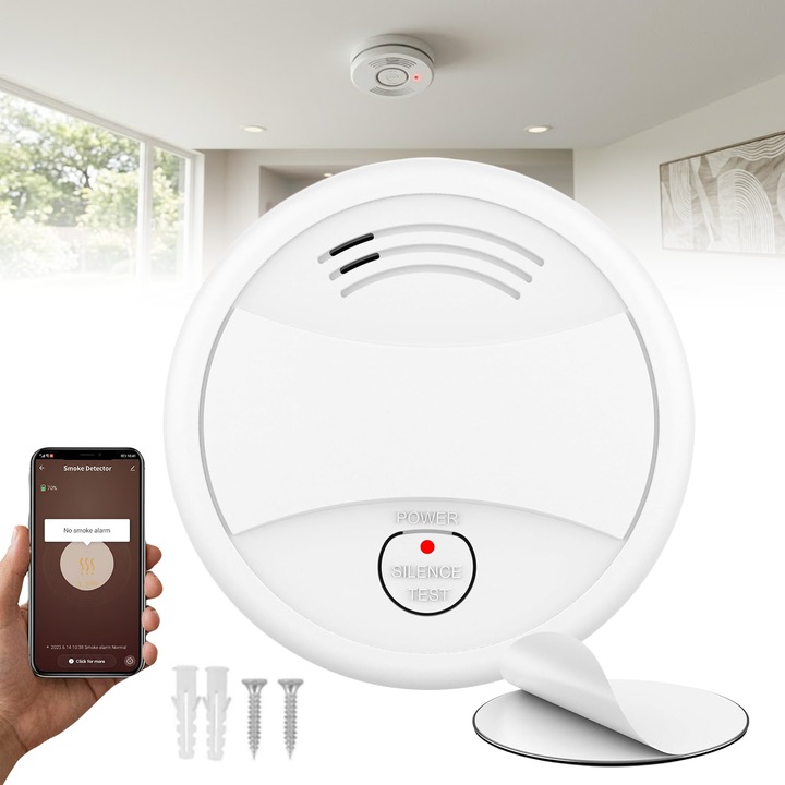 Detector Monoxid de Carbon, Detector 2 in 1 Monoxid de Carbon si Fum Wi-Fi, Baterie Incorporata Autonomie 10 Ani, Compatibil cu Tuya Smart si Smart Life, Alarma 85dB, Tehnologie Fotoelectrica, Instalare Usoara, Set de Senzori Smart Home, Alb