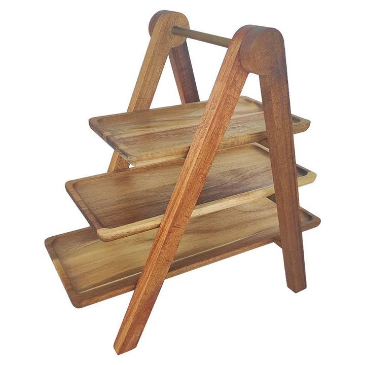 Set Platouri pentru Servirea Mesei, Branzeturi, Aperitive Supraetajat pe 3 Nivele din Bambus