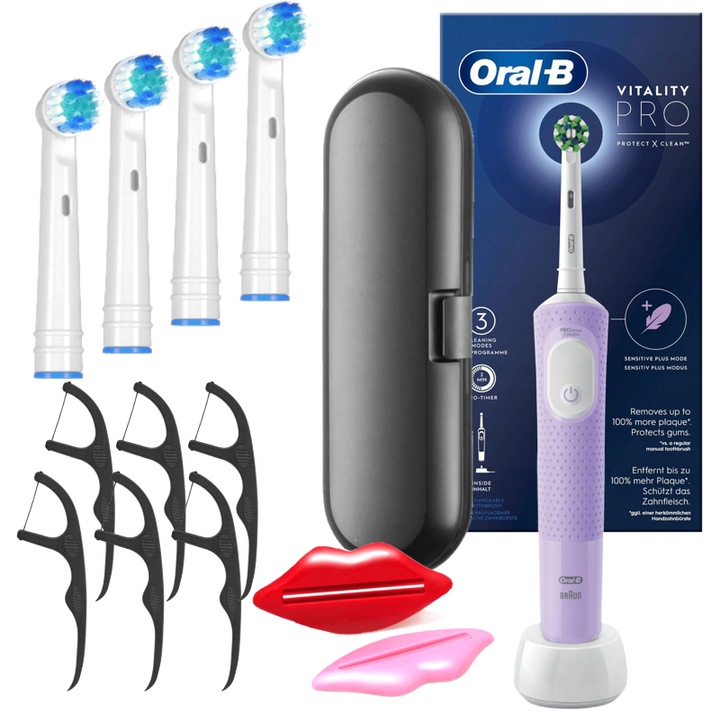 Комплект, електрическа четки за зъби, Oral-B Vitality PRO Protect X Clean, Purple, 4x резервни глави, куфар за пътуване, 2x екстрактори за паста, 6 конци за зъби