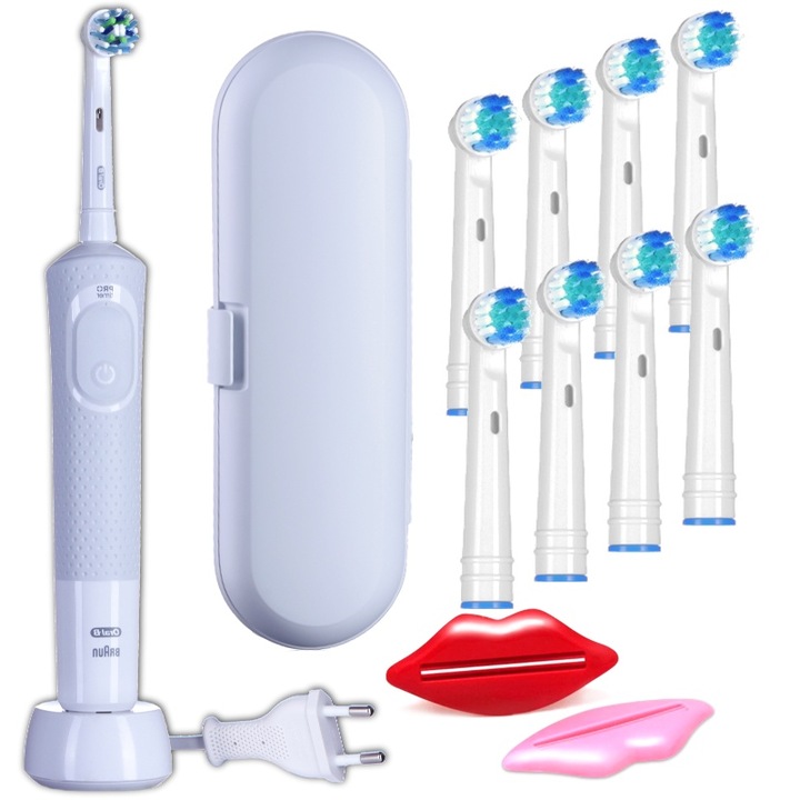 Комплект, електрическа четка за зъби, Oral-B, Vitality 100 Cross Action, бяла, 8x резервни глави, куфар за пътуване, 2x екстрактори за паста