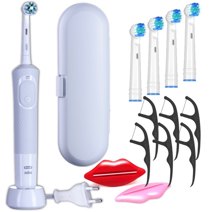 Комплект, електрическа четка за зъби, Oral-B, Vitality 100 Cross Action, бяла, 4x резервни глави, куфар за пътуване, 2x паста за изцеждане, 6 конци за зъби