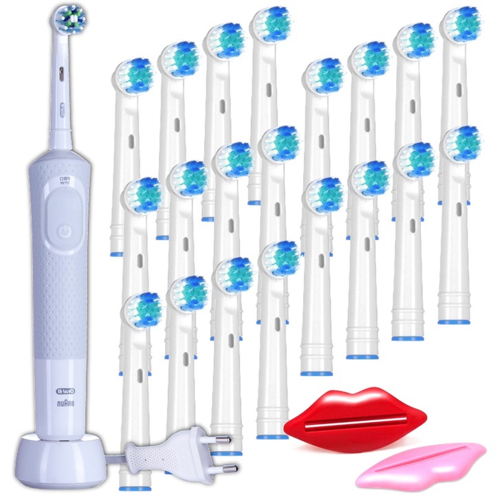 Комплект, Електрическа четка за зъби, Oral-B, Vitality 100 Cross Action, Бяла, 20x Резервни глави, 2x Екстрактори за паста