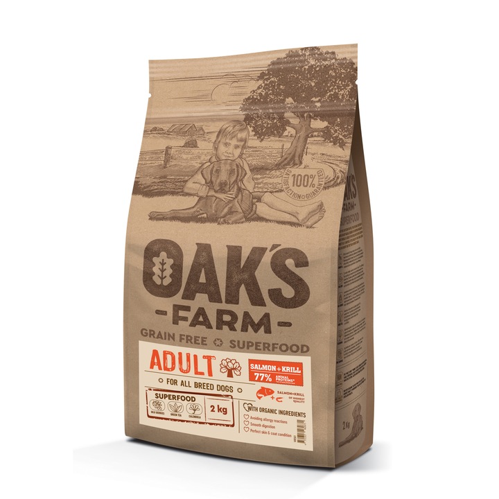 Hrana uscata pentru caini, Fara cereale, Oaks Farm Adult Somon Krill All Breed, 2kg