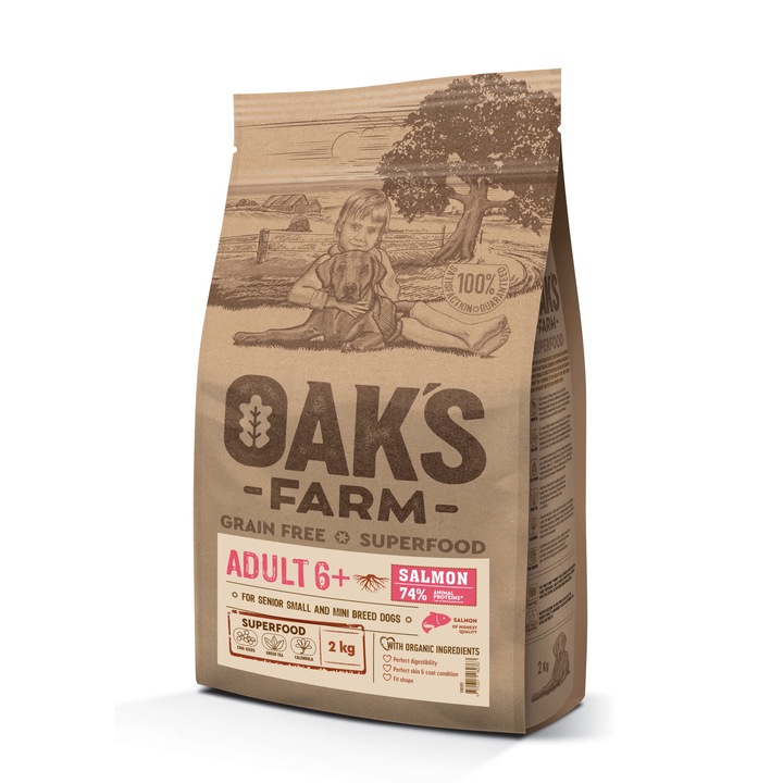 Hrana uscata pentru caini, Fara cereale, Oaks Farm GF Senior 6+ Mini Adult Somon, 2kg