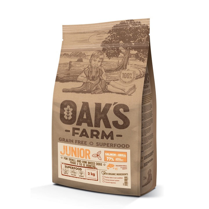 Hrana uscata pentru caini, Fara Cereale, Oaks Farm GF Mini Junior Somon Si Krill, 2kg