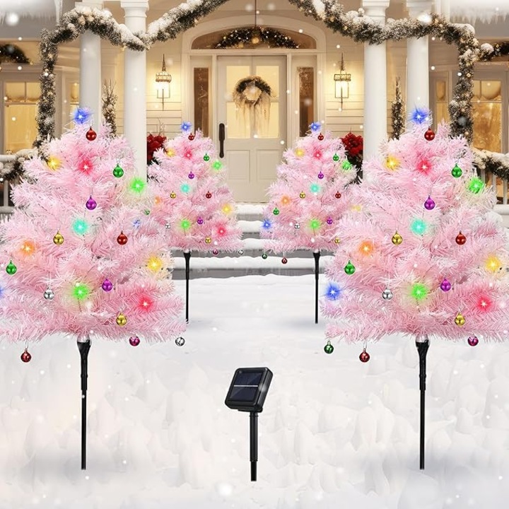 LED brad de Craciun, Cu panou solar, culoare roz 90 cm