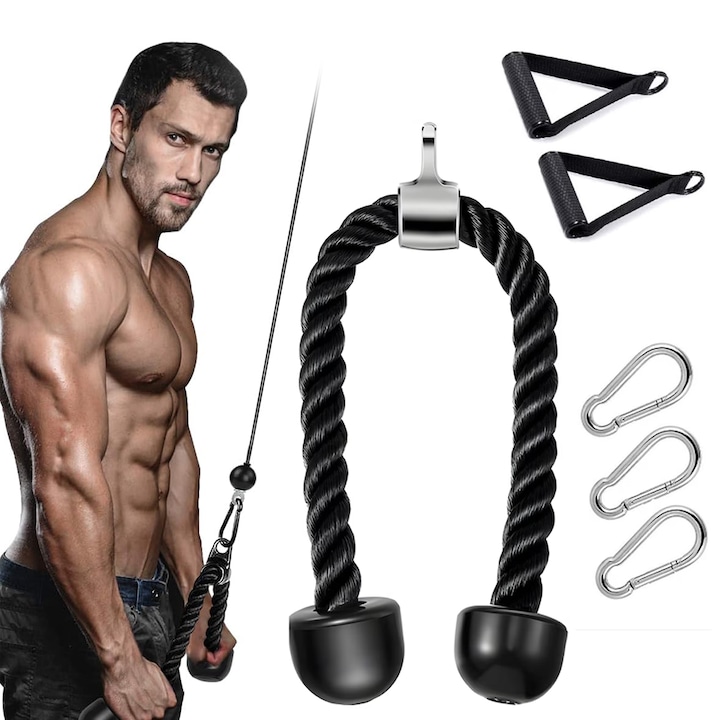 Sfoara Triceps Pentru Antrenament, Set Accesorii Fitness Pentru Triceps, Manere Multifunctionale, Carabina cu Carlig, Rezistenta Mare, Antrenament Brate, Formare si Intretinere Musculatura, Nylon, Negru