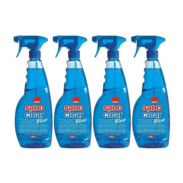 Set 4 x Sano Solutie Geam 1L Blue, rapid si eficient, usor de aplicat, testat dermatologic, prospetime de lunga durata, elimina mirosuri neplacute