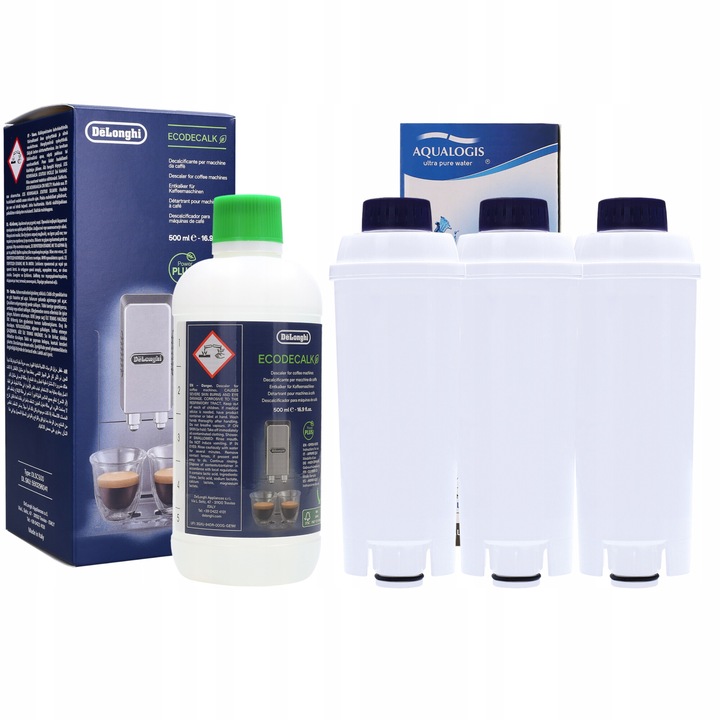 Kit masina de cafea Delonghi: 3x filtru de apa AquaLogi + detartrant original Delonghi Ecodecalk 500 ml