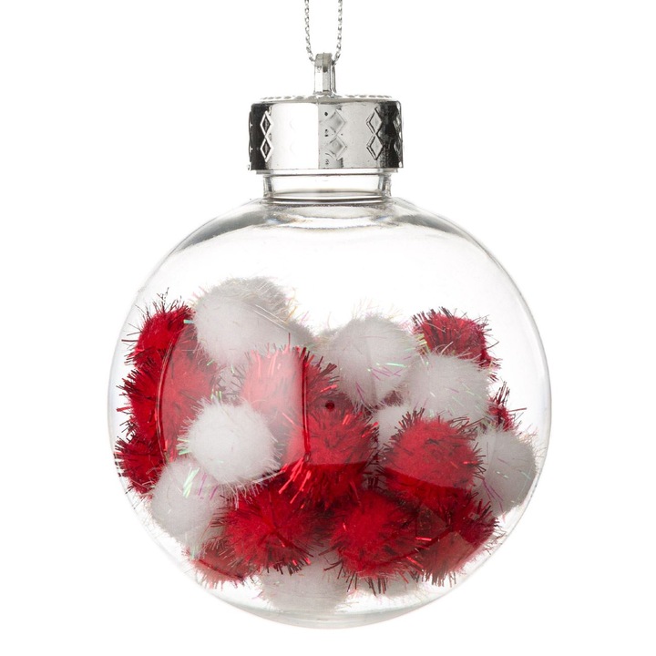Ornament de Craciun Shopiens® din plastic, Glob Transparent Pompon Alb Rosu Tinsel, 8 cm