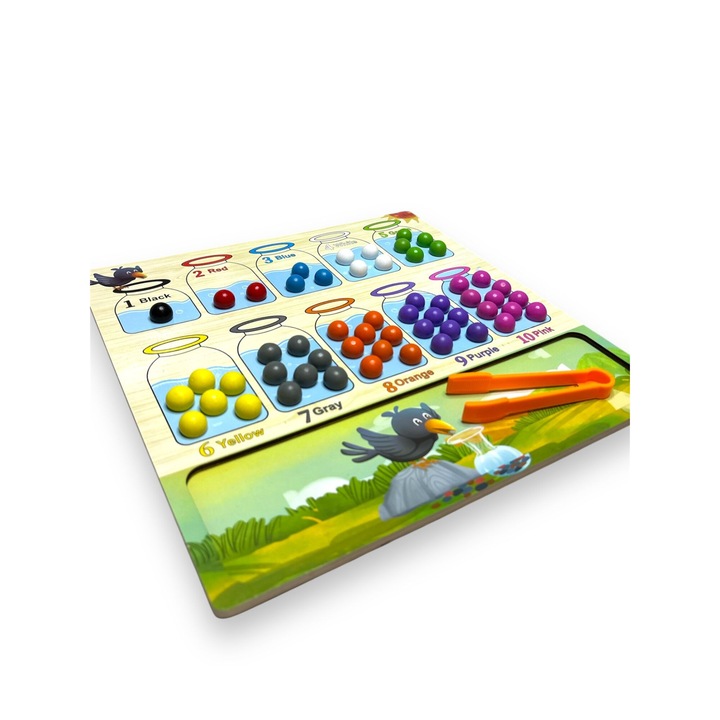 Дъска, учене на цифри и цветове, образователна, многоцветна, с клещи, дървена