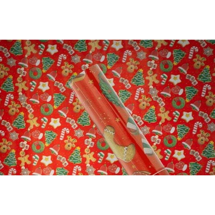 Piros papír ,sütik Mézeskalács ember, csillagok, karácsonyi díszek, 300x70cm, Nyland®