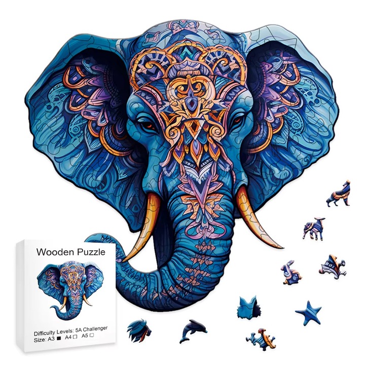 Puzzle din lemn, elefant, pentru copii si adulti, 120 piese, multicolor
