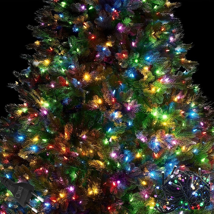 SIKS lineáris zenélő karácsonyi fényfüzér 100 LED, 10m, Bel- és kültéri, Összeköthető, Csatlakozós táp, Zenedoboz, Többszínű fény, zöld színű drót