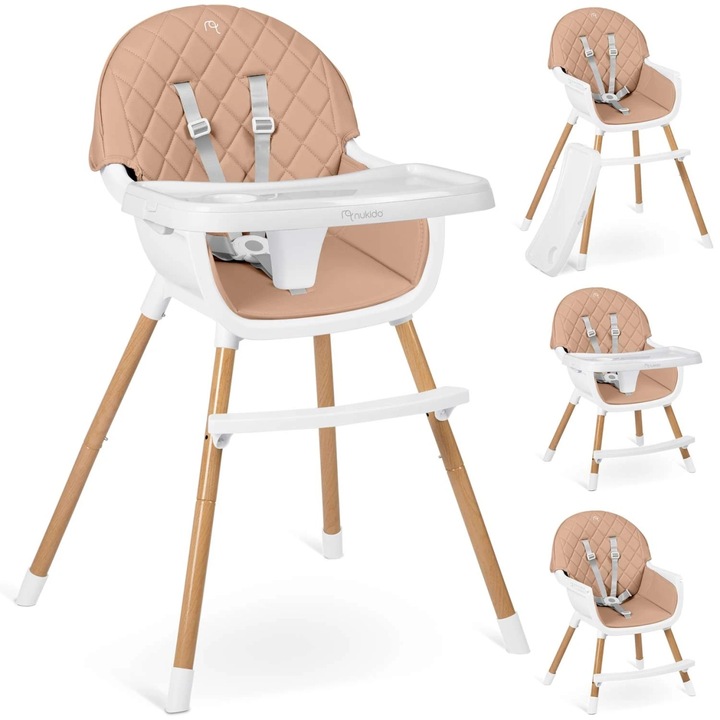 Scaun de masa multifunctional 3in1 pentru copii cu masuta reglabila si detasabila, husa din PU usor de curatat, suport picioare, transformabil in scaunel clasic Nukido Lilo Pink