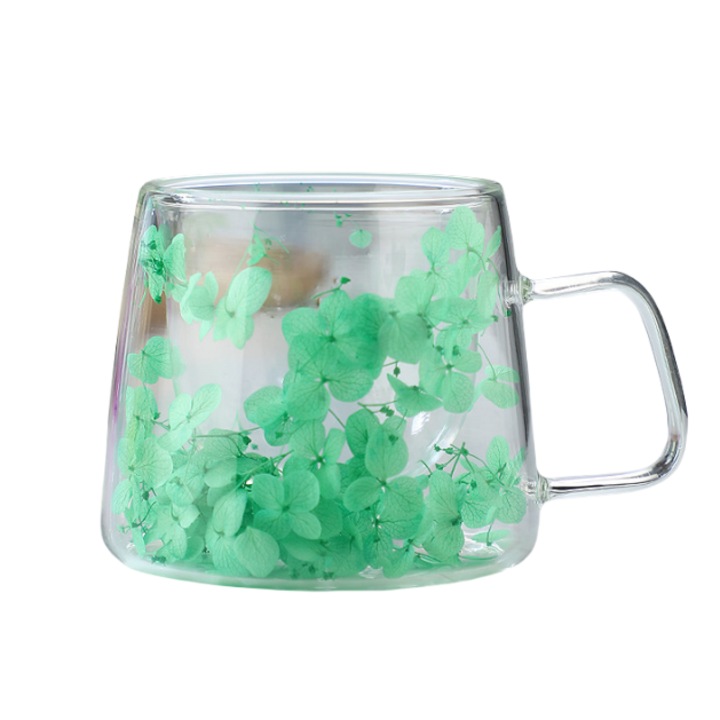 Cana din sticla borosilicata cu perete dublu, alba si roz, 250ml