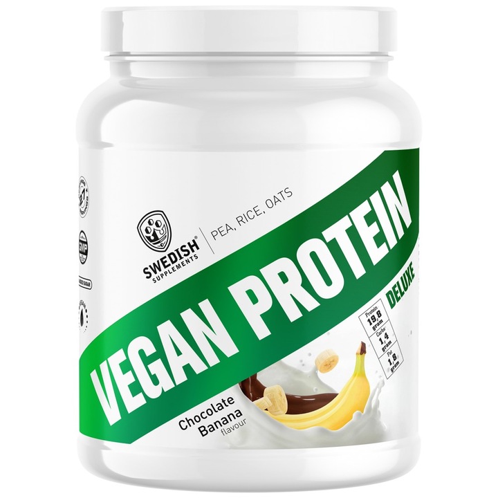 Supliment alimentar Swedish Supplements Vegan Protein Deluxe din mazare, orez si ovaz, ciocolata cu banane, 750 grame