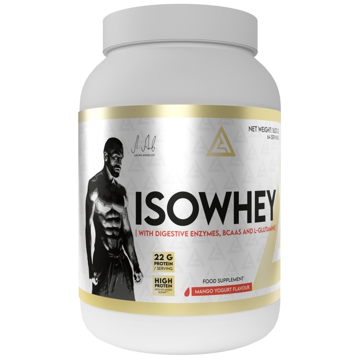 Étrend-kiegészítő Lazar Angelov Nutrition IsoWhey tejsavófehérje izolátum emésztőenzimekkel, BCAA-val és glutaminnal, mangó joghurt, 1600 gramm