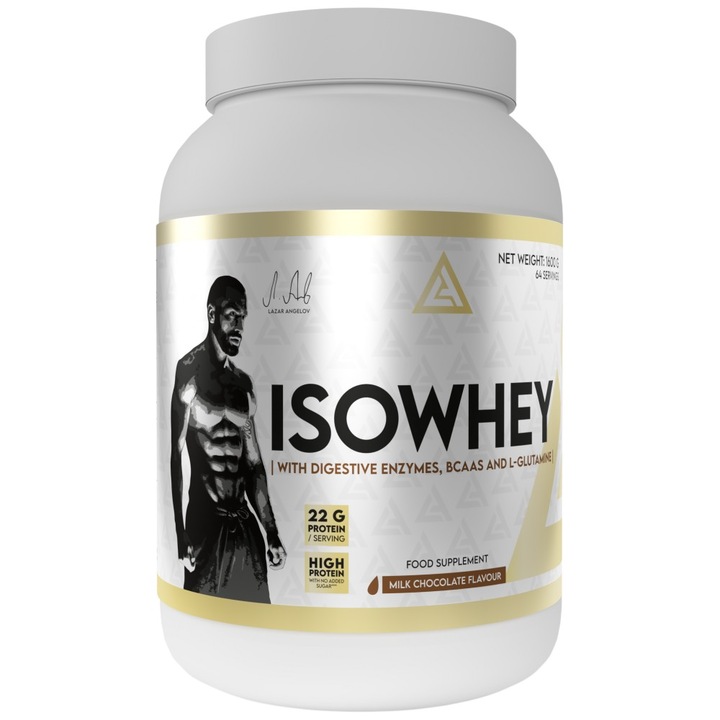Хранителна добавка Lazar Angelov Nutrition IsoWhey Whey Protein Isolate with Digestive Enzymes, BCAA and Glutamine, Млечен шоколад, 1600 грама
