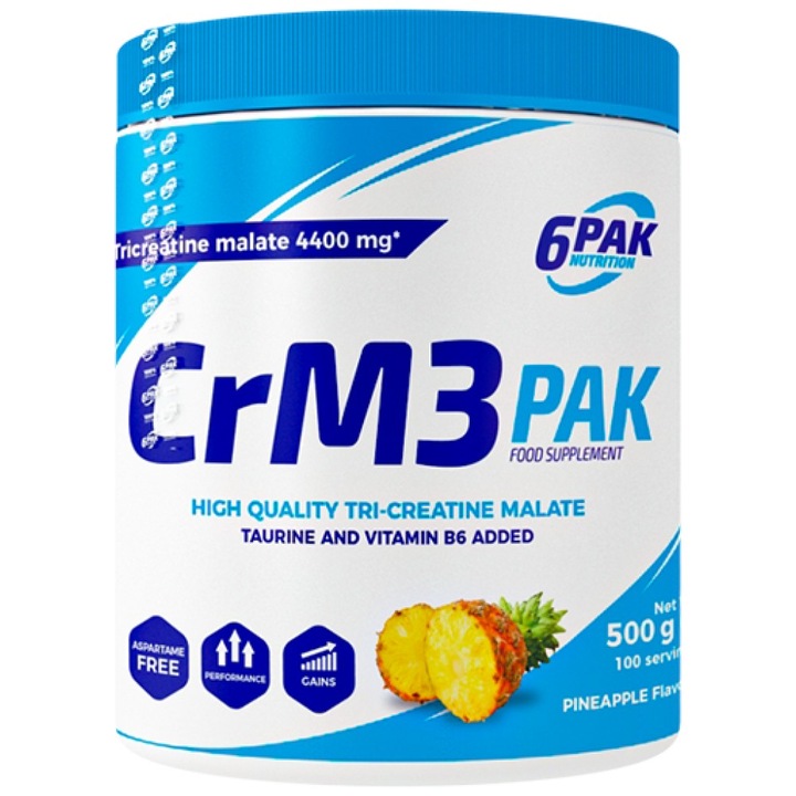 Étrend-kiegészítő 6PAK Nutrition CrM3 PAK (tri-kreatin-malát plusz taurin), ananász, 500 gramm