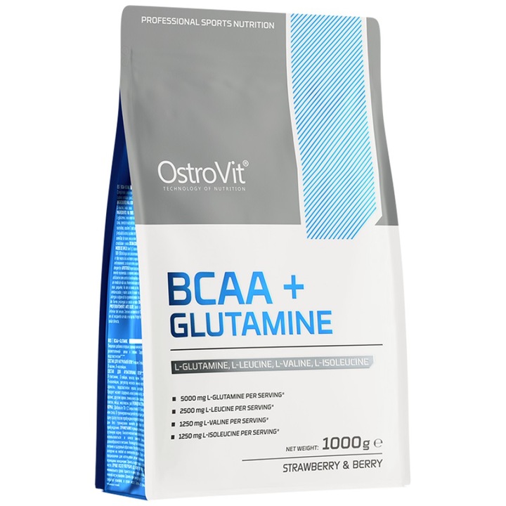 Хранителна добавка OstroVit BCAA plus GLUTAMINE Powder, Ягода с боровинка, 1000 грама