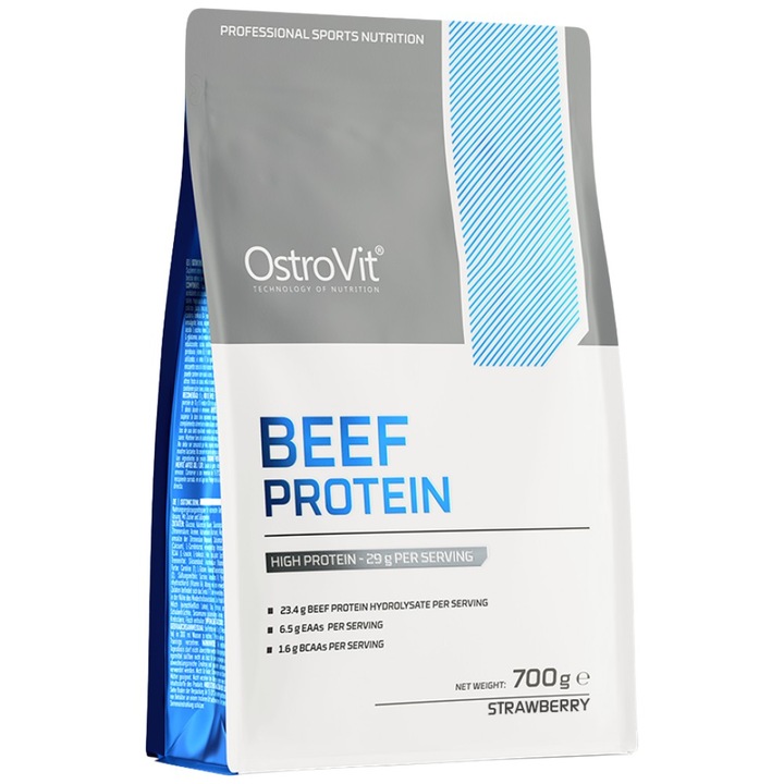 Хранителна добавка OstroVit Beef Protein Highest Quality Beef Protein Hydrolysate, Ягода, 700 грама
