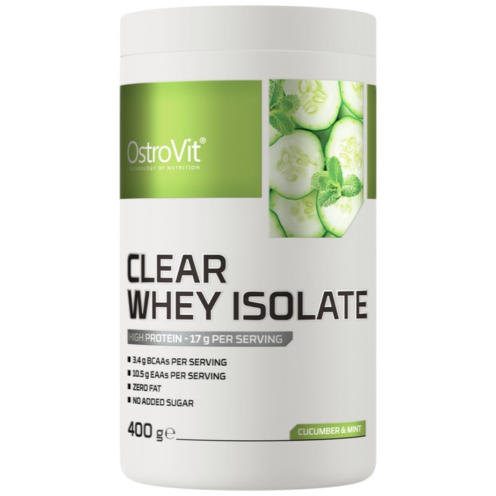 Хранителна добавка OstroVit Clear Whey Isolate 84% Whey Protein Isolate ~ Zero Fat and Carbs, Краставица и мента, 400 грама